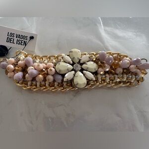 Handmade Gold Chain Bracelet with Pink & Cream Beads, flower statement detail.